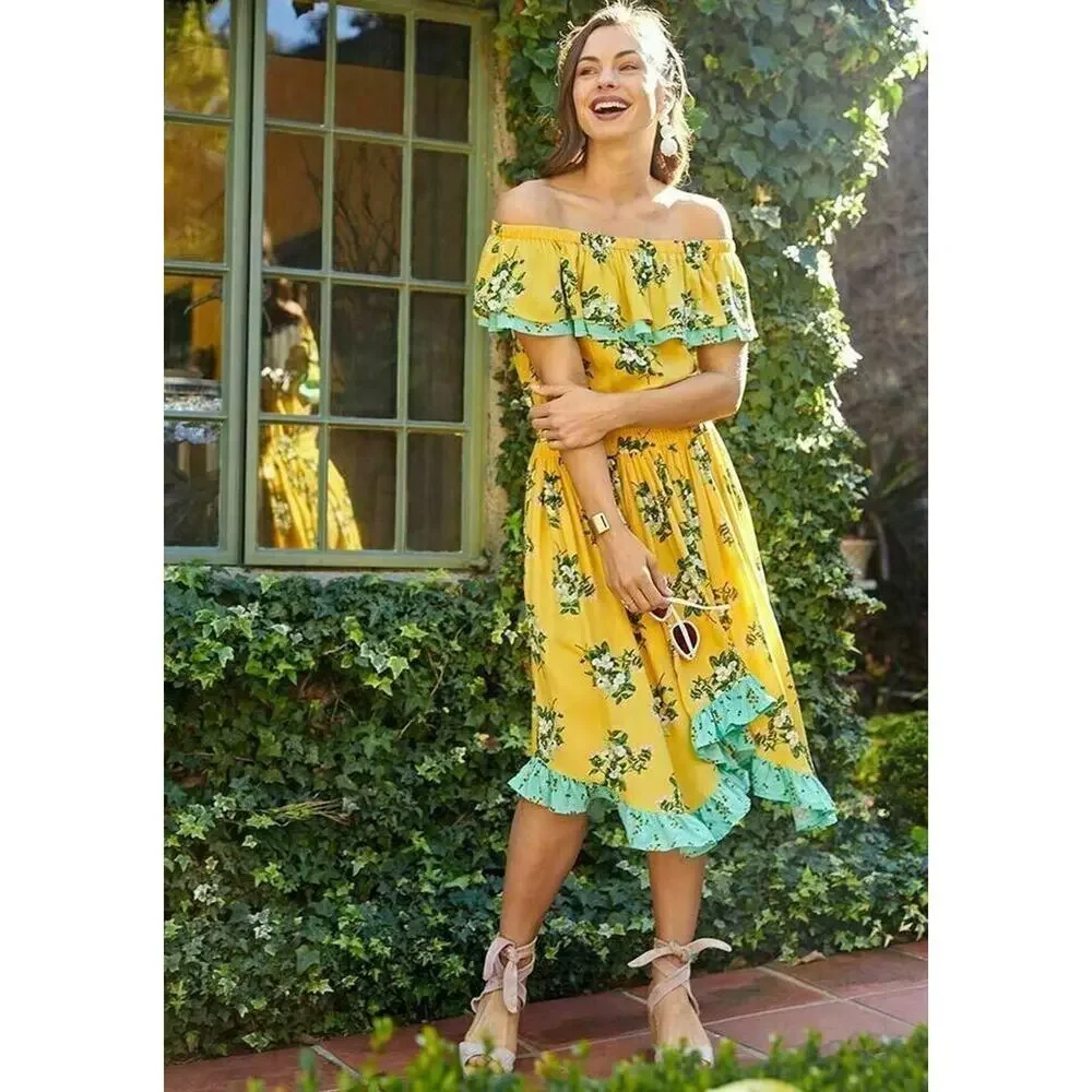 Matilda Jane Hooked On A Feeling Dress Yellow Ruffle Smocked Women's Size Small - Picture 14 of 14